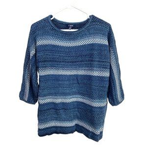 Chaps Petite Womens Sweater PXL 100% Cotton Striped Blue White Knit 3/4 Sleeve